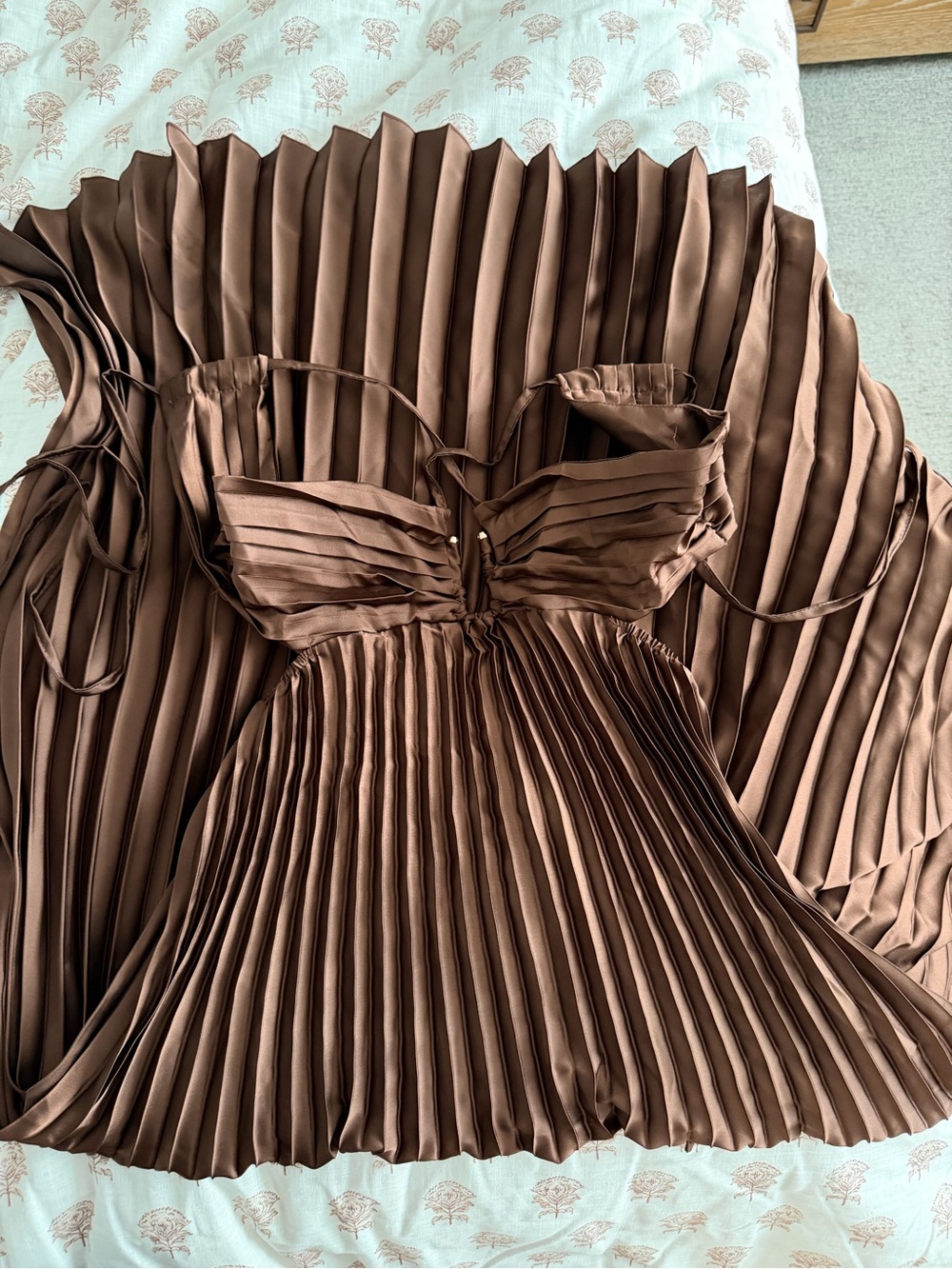 Brown Satin Pleated Front Cross Halter Maxi Dress - Picture 4 of 4